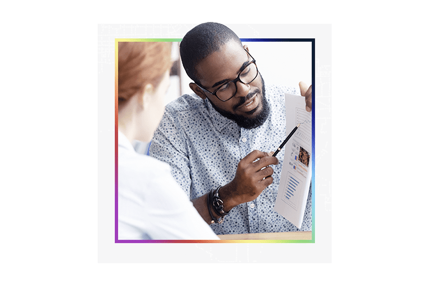 A consultant sharing data with a client through charts and graphs
