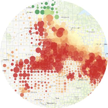 A map of the midwestern United States shows clusters of data points in red, yellow, and green overlapping circles.
