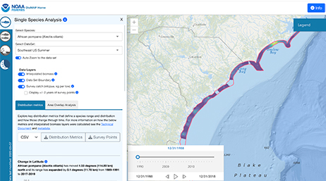 분석 옵션의 메뉴 옆에 온라인 NOAA Fisheries 단일 종 맵을 보여주는 화면