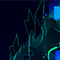 A graphic of flowing green contoured planes and green and blue abstract shapes on a midnight blue background