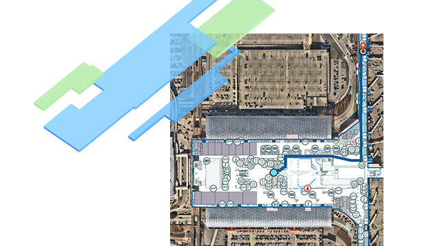 현재 위치와 미래 경로를 보여주는 실내 탐색 경로가 표시된 공항 실내 맵 위에 떠 있는 평면도의 색상으로 구분된 쉐이프