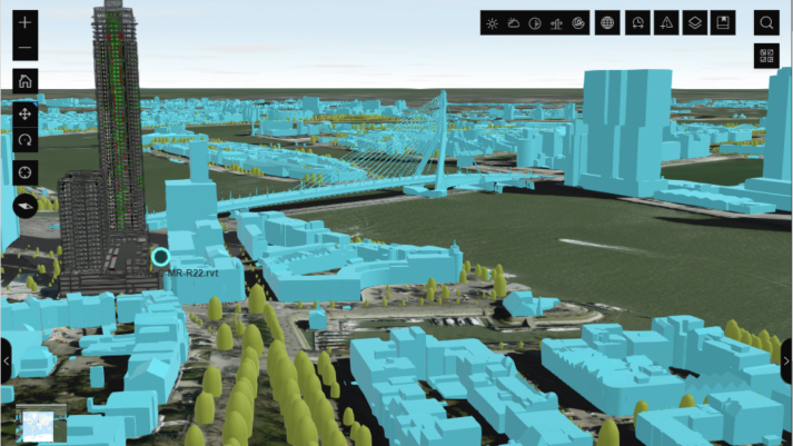ArcGIS를 활용한 일련의 파란색 건물과 초록색 나무의 가상 3D 모델 뷰