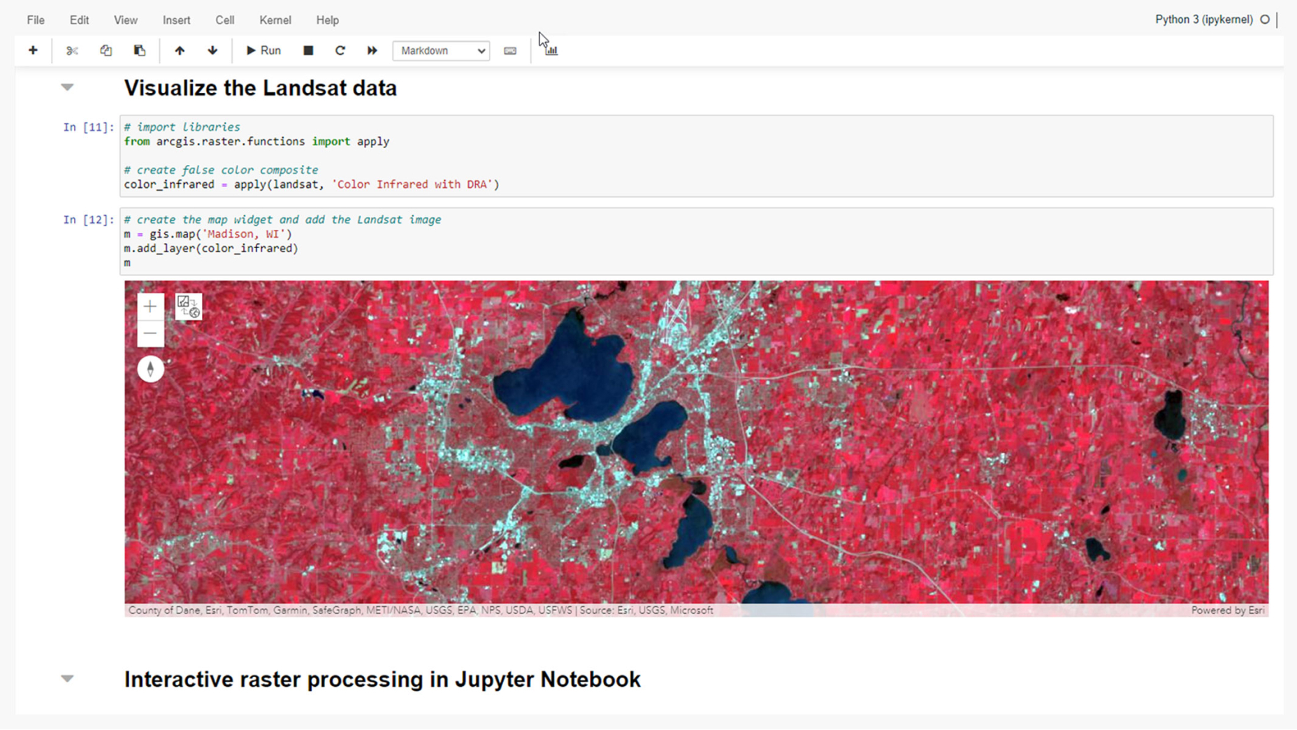 위스콘신주 매디슨에 대한 Landsat 이미지의 컬러 적외선 렌더링을 보여주는 빨간색 웹 맵