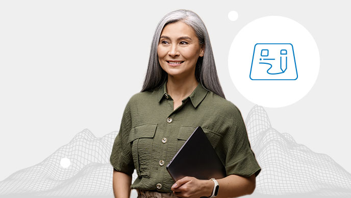 녹색 칼라 셔츠를 입은 채 검은색 노트북을 들고 있는 여성과 흰색 원형의 인셋 아이콘