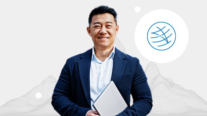 파란색 블레이저를 입은 채 은색 노트북을 들고 있는 전문직 남성과 삼각형 및 연결된 라인의 인셋 아이콘