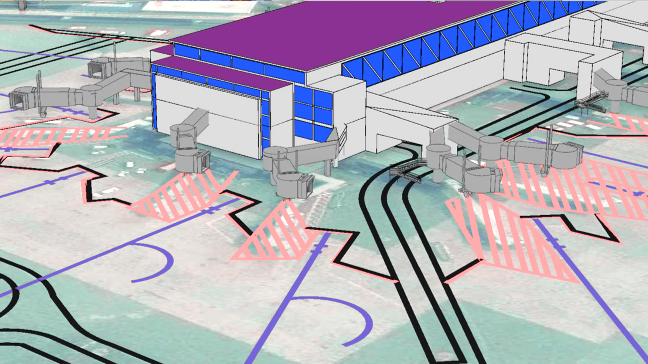 공항 터미널과 주변 활주로의 3D 모델 터미널의 여러 영역을 보라색과 파란색으로 강조해서 표시합니다. 회색 탑승교는 분홍색 줄무늬로 표시되어 터미널에서 활주로의 지정된 영역까지 확장되어 있습니다. 검은색과 파란색 라인은 지상의 유도로와 기타 표식을 나타냅니다.