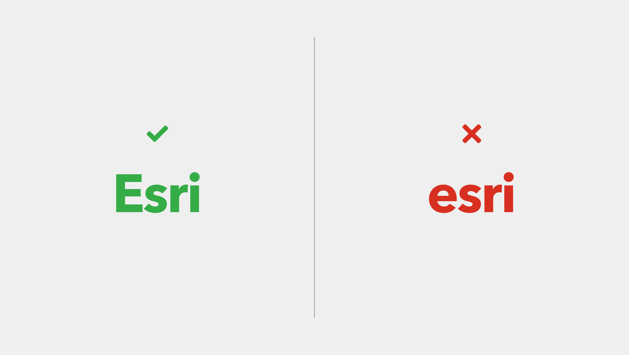 Esri 철자를 보여주는 초록색의 올바른 예시와 빨간색의 잘못된 예시