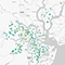 A map of South Carolina that shows total population change by neighborhood from 2010 to 2020 with green dots that represent an increase and yellow dots that represent a decrease 